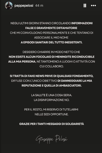 Il messaggio pubblicato da Peppe Pelosi, titolare dell’Ambasciatori