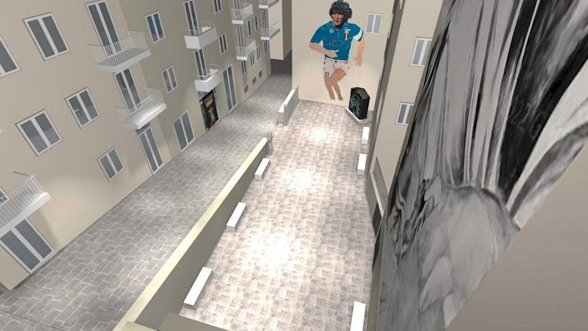 I rendering del nuovo Largo Maradona in via De Deo ai Quartieri Spagnoli