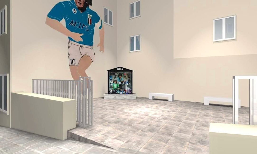 I rendering del nuovo Largo Maradona in via De Deo ai Quartieri Spagnoli
