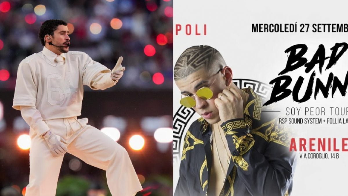 Bad Bunny oggi (a sinistra) e sulla locandina dell’evento all’Arenile nel 2017