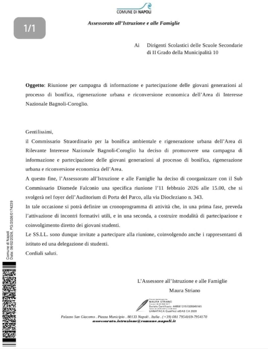 La lettera inviata dal Comune
