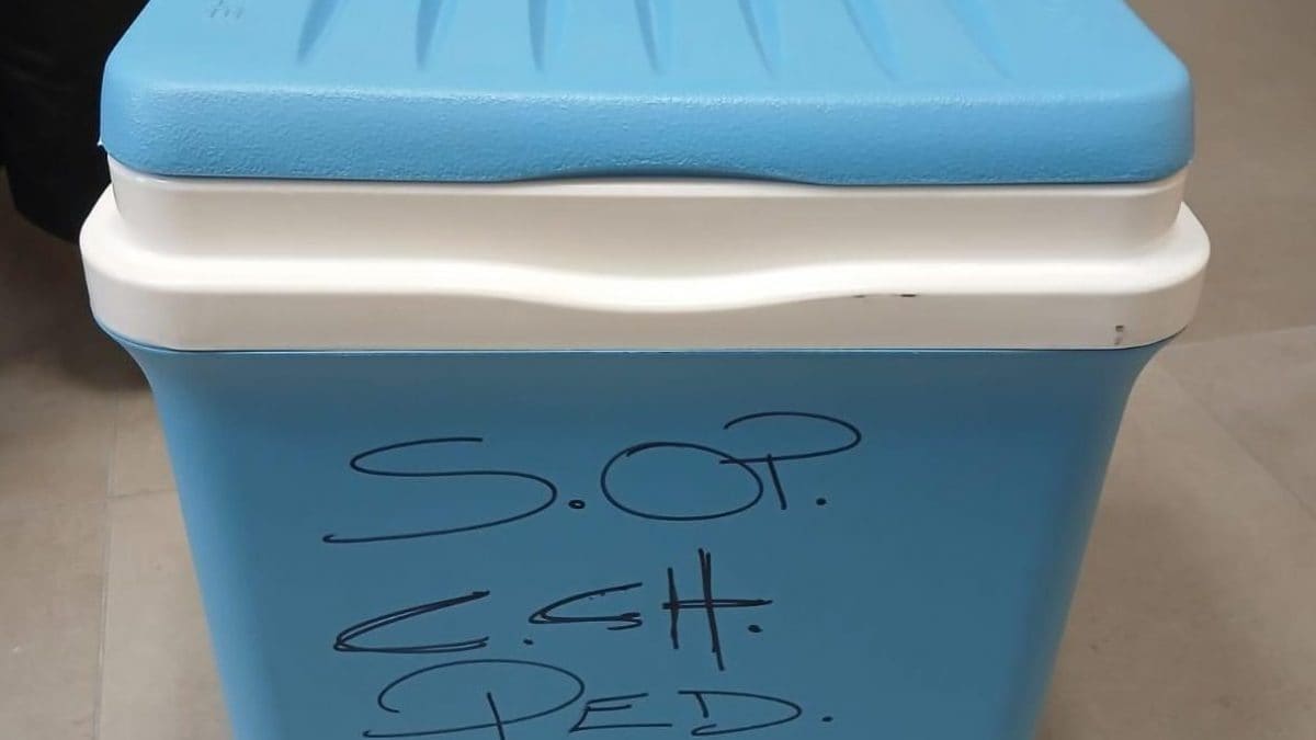 Il vano frigo usato per il trasporto del cuore da impiantare. La sigla è "Sala OPeratoria Chirurgia PEDiatrica"