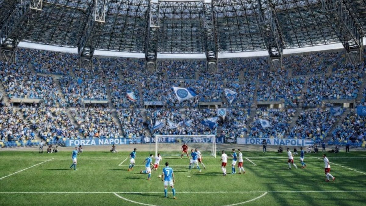 Un rendering del nuovo stadio Maradona con apertura terzo anello e spettatori fino a bordo campo