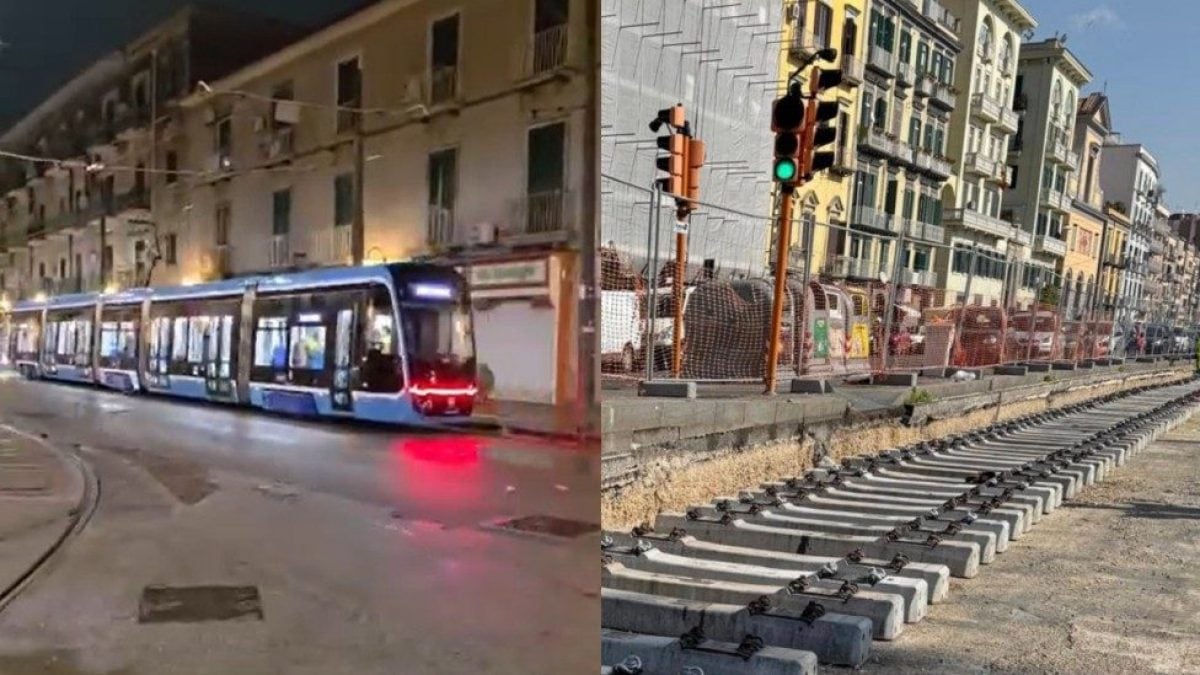 Le prove del primo tram azzurro nuovo (a sinistra). La posa dei tram alla Riviera di Chiaia (a destra)