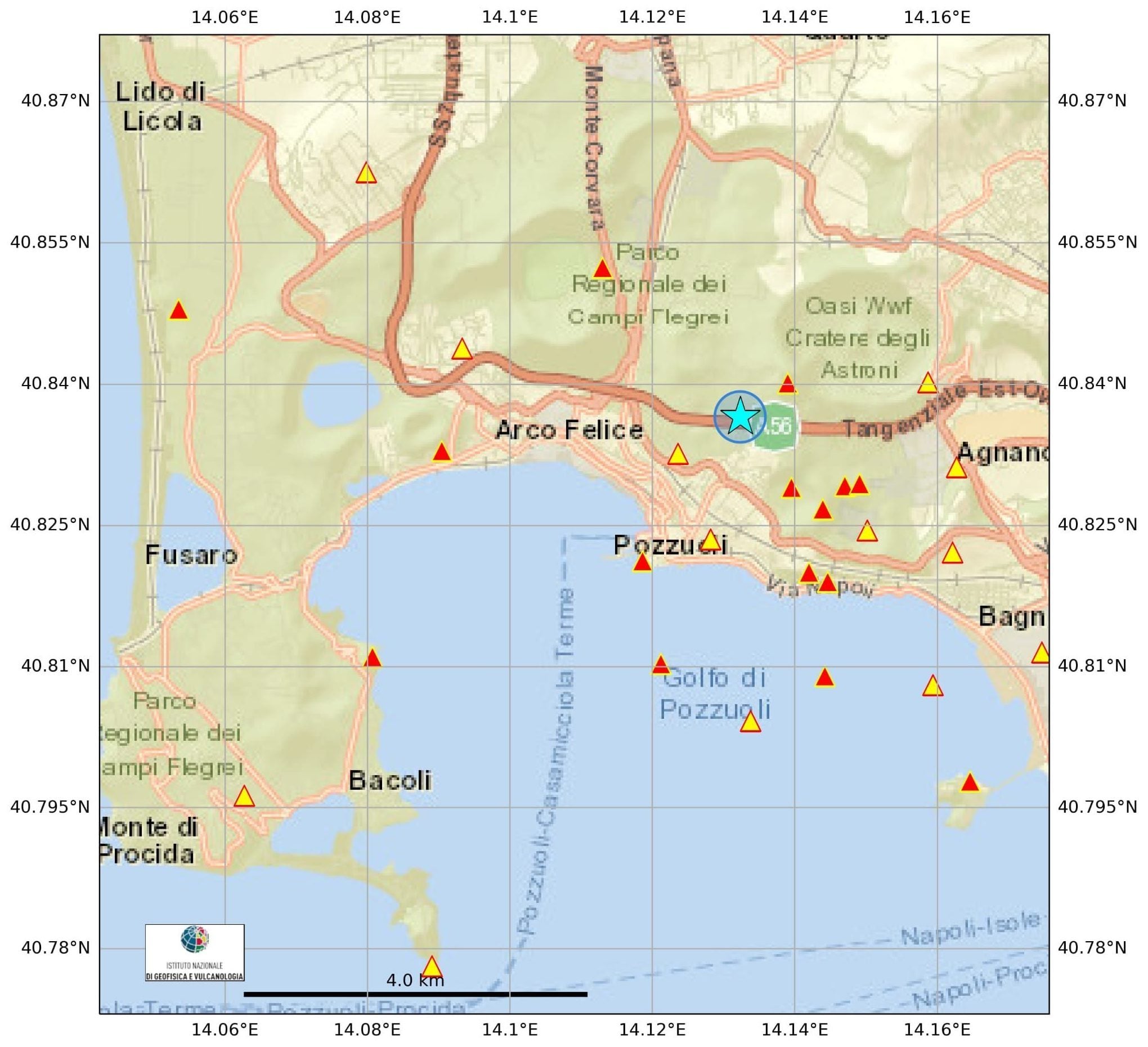 L’epicentro del terremoto ai Campi Flegrei del 3 aprile 2026