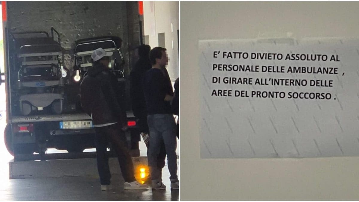 L’arrivo delle barelle all’Ospedale del Mare e il cartello affisso nei corridoi