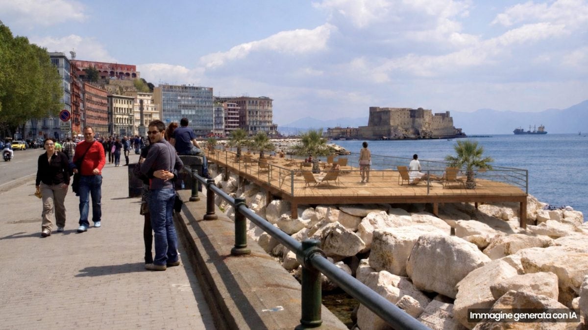Una elaborazione grafica delle pedane sugli scogli del lungomare di Napoli
