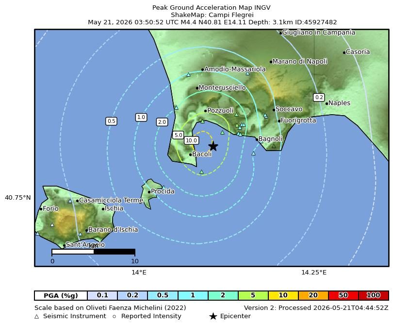 La mappa di accelerazione del sisma 4.4 del 21 maggio 2026