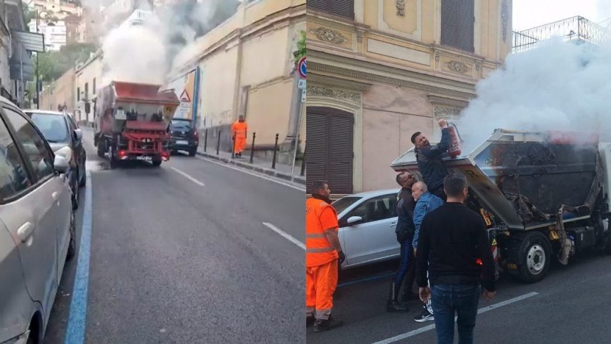 Alcuni momenti dell’intervento di spegnimento del rogo del camion Asìa