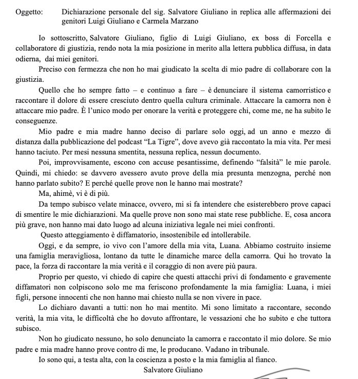 La nota di Salvatore Giuliano