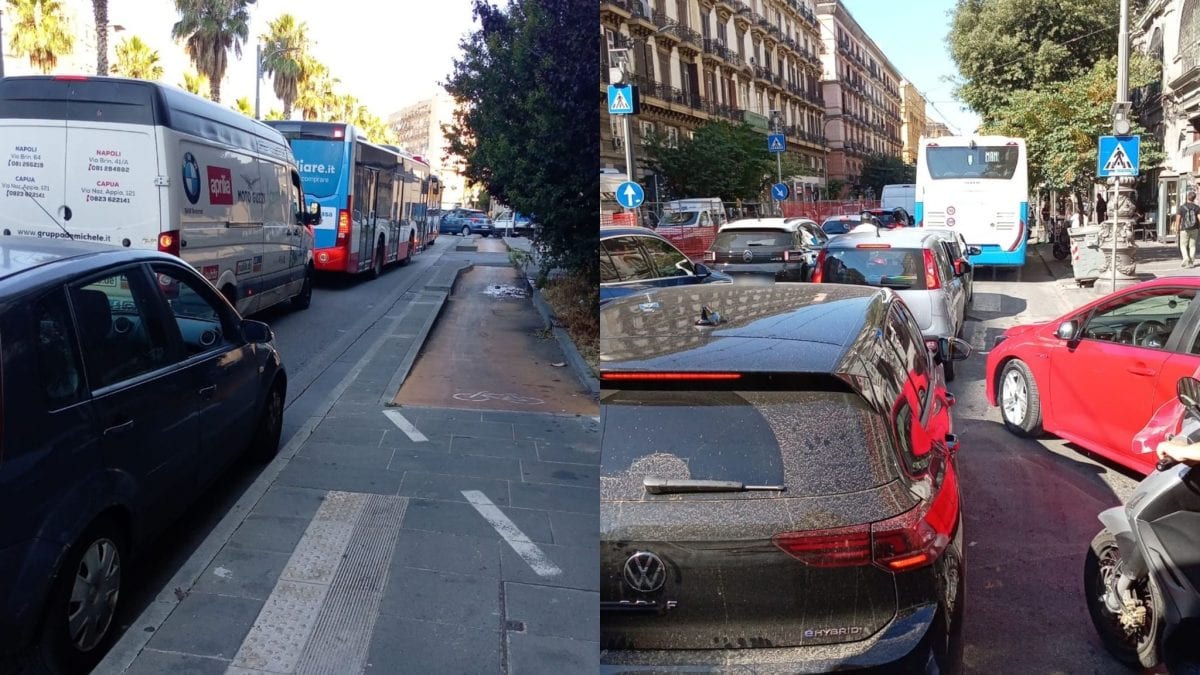 Il traffico di stamane su via Volta (a sinistra) e sul Rettifilo (a destra)