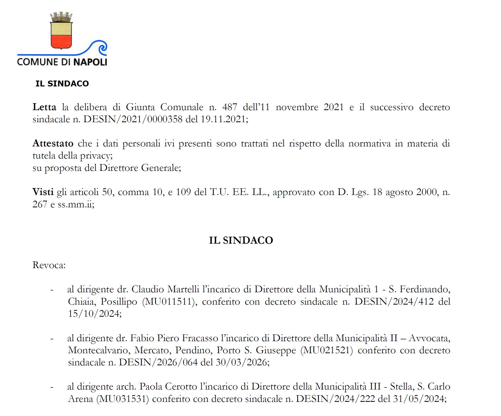 Uno stralcio del decreto di revoca dei dieci direttori delle Municipalità