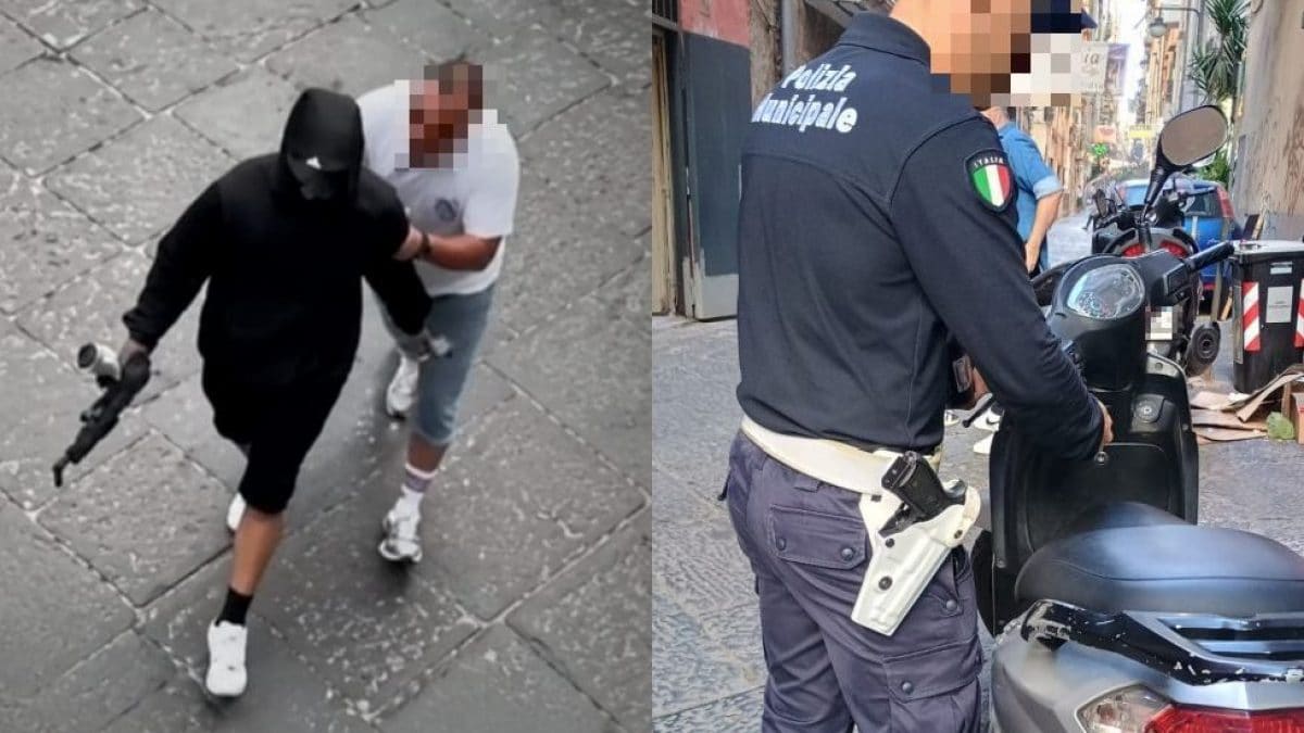 L’uomo col kalashnikov lunedì 29 giugno in un frame sui social (a sinistra). Un agente di Polizia Locale (a destra)