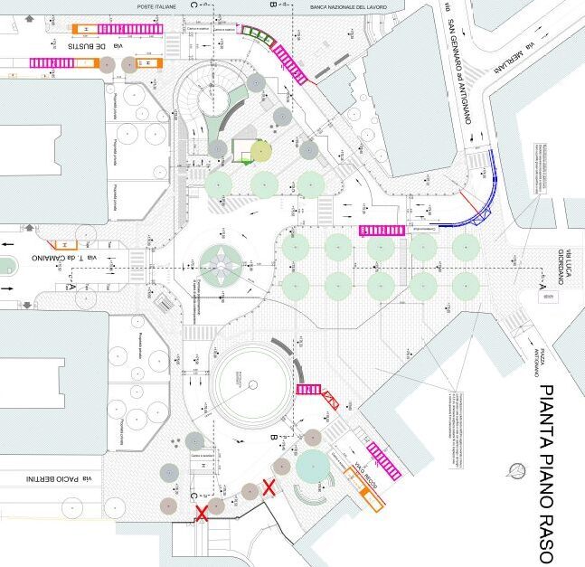 La mappa della nuova piazza degli Artisti con i marciapiedi larghi