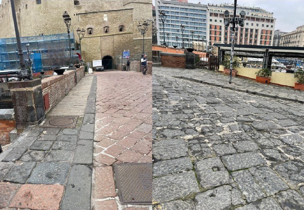 Il ponte del Castel dell'Ovo con basoli rossi (a sinistra). Il Borgo marinari (a destra)