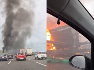 Tragedia in autostrada A2: tir precipita da un viadotto e si incendia, morto il camionista