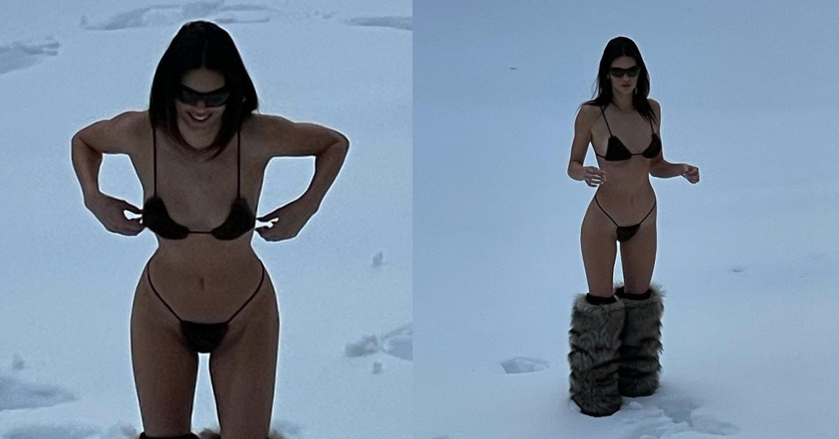 Kendall Jenner sulla neve col bikini micro: per riscaldarsi indossa gli stivali da yeti