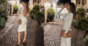 Alessia Marcuzzi a Formentera è hippie: il maxi abito a fiori lascia la