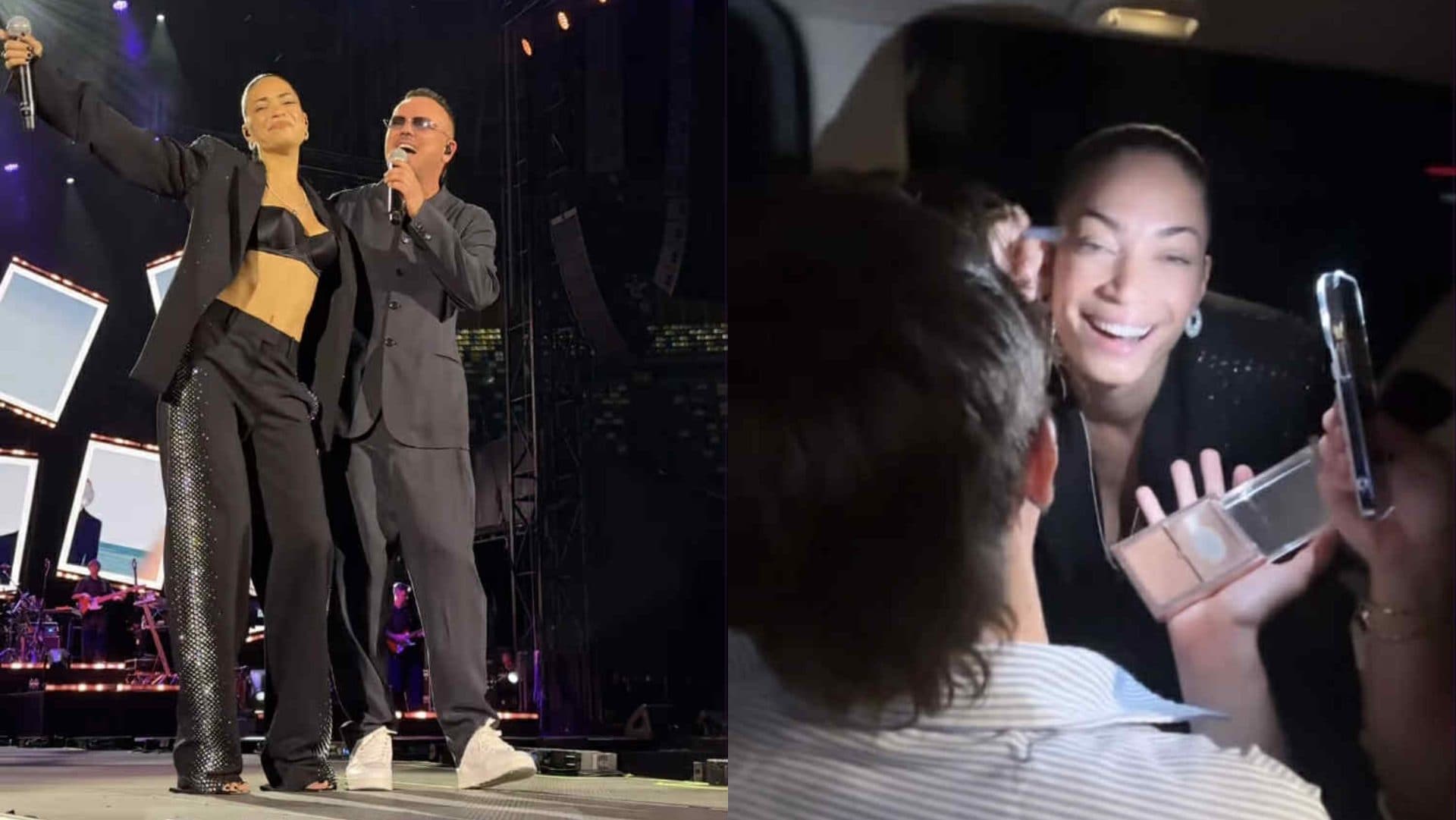 Elodie coperta di cristalli al concerto di Gigi D'Alessio (ma si trucca in auto)