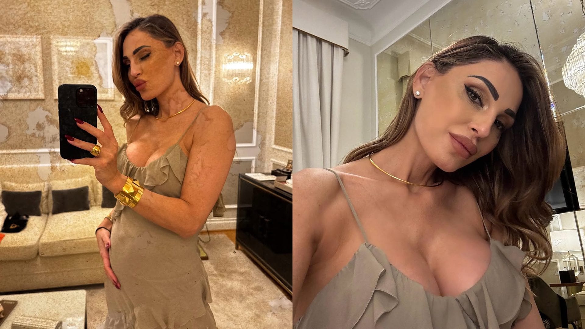 Anna Tatangelo con lo slip dress mostra il pancione mentre canta "Essere una donna"