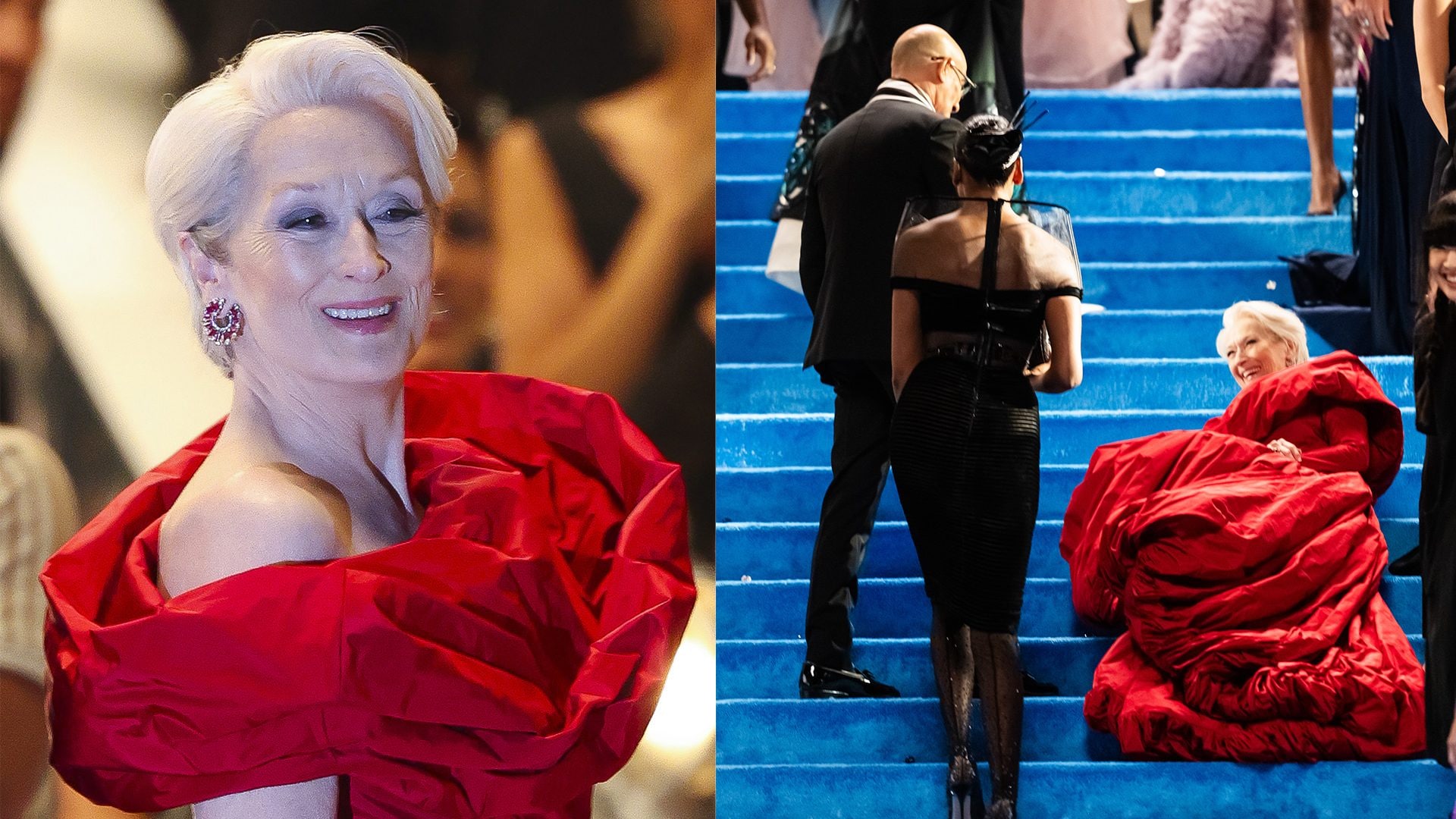 Meryl Streep diva in rosso sul set, ma i tacchi giocano un brutto scherzo e Miranda Priestly cade