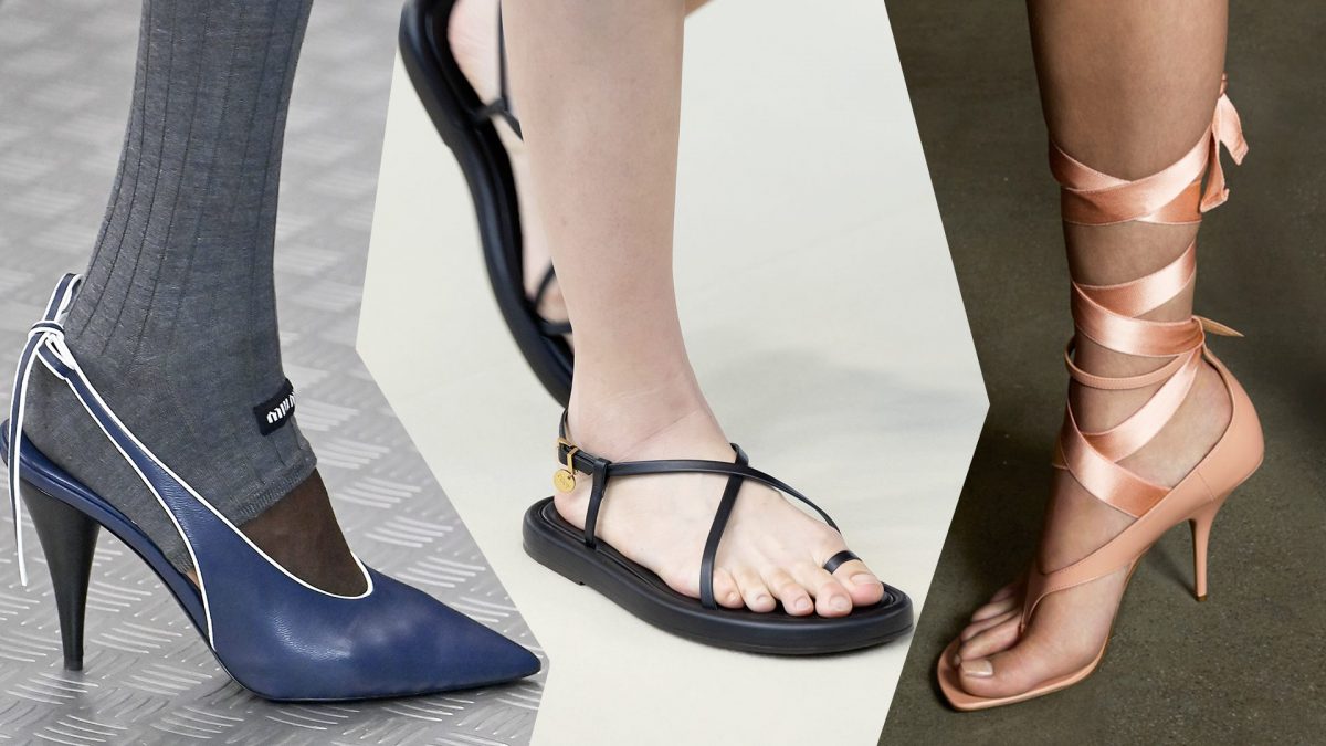 da sinistra scarpe Miu Miu, Tod’s e Ferragamo