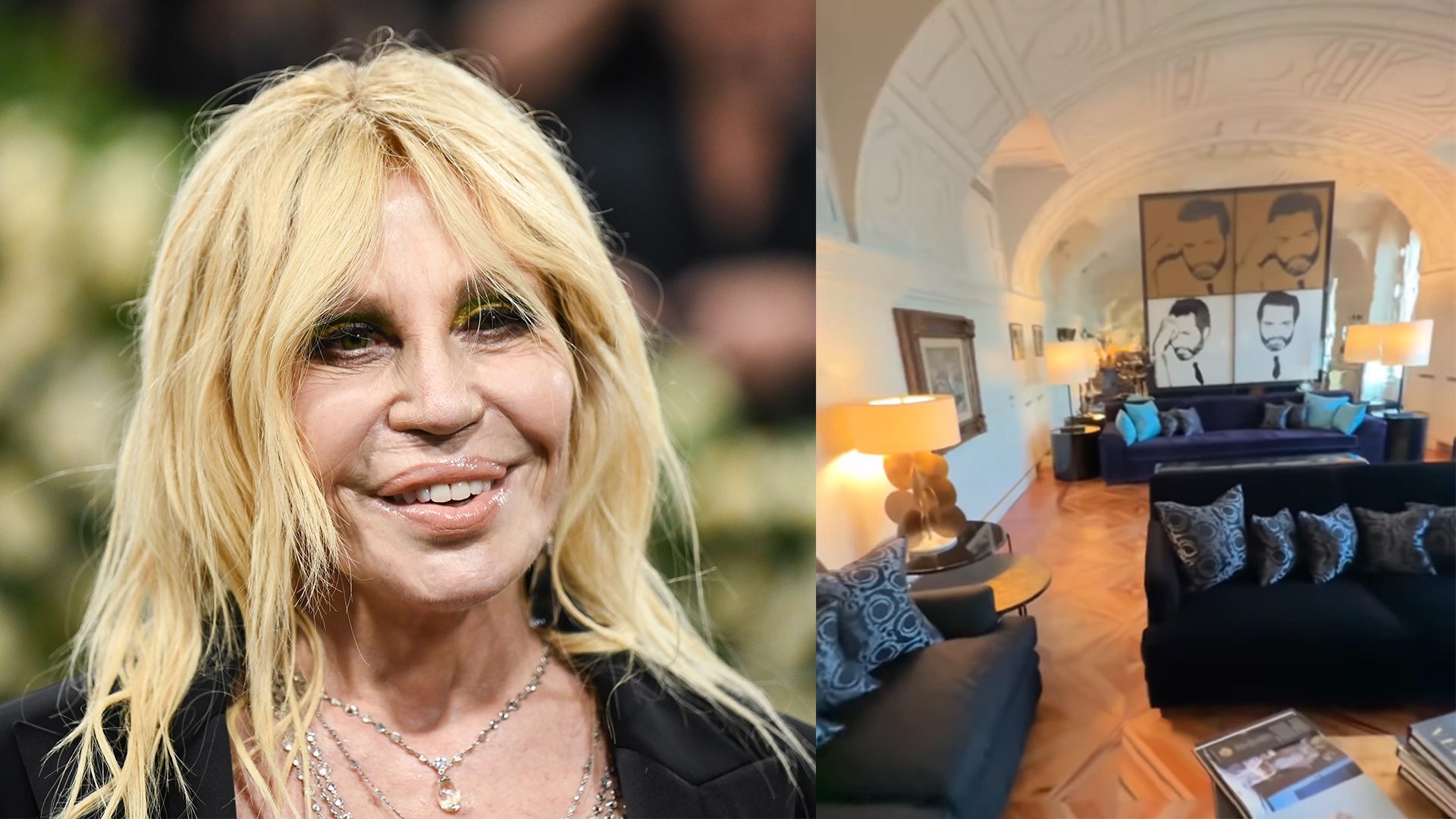 Com'è fatta la casa di Donatella Versace: ritratto del fratello Gianni in soggiorno, poltrona d'oro in ufficio