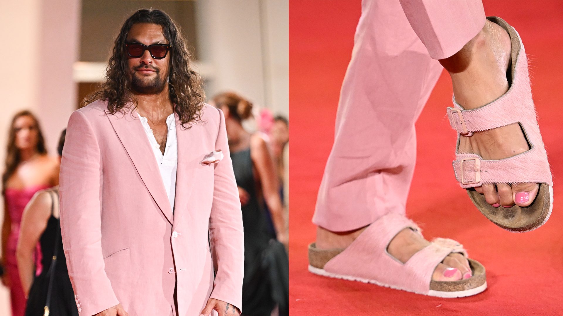 Jason Momoa a Venezia in rosa, smalto compreso: ci ricorda che non è un colore a definire un uomo