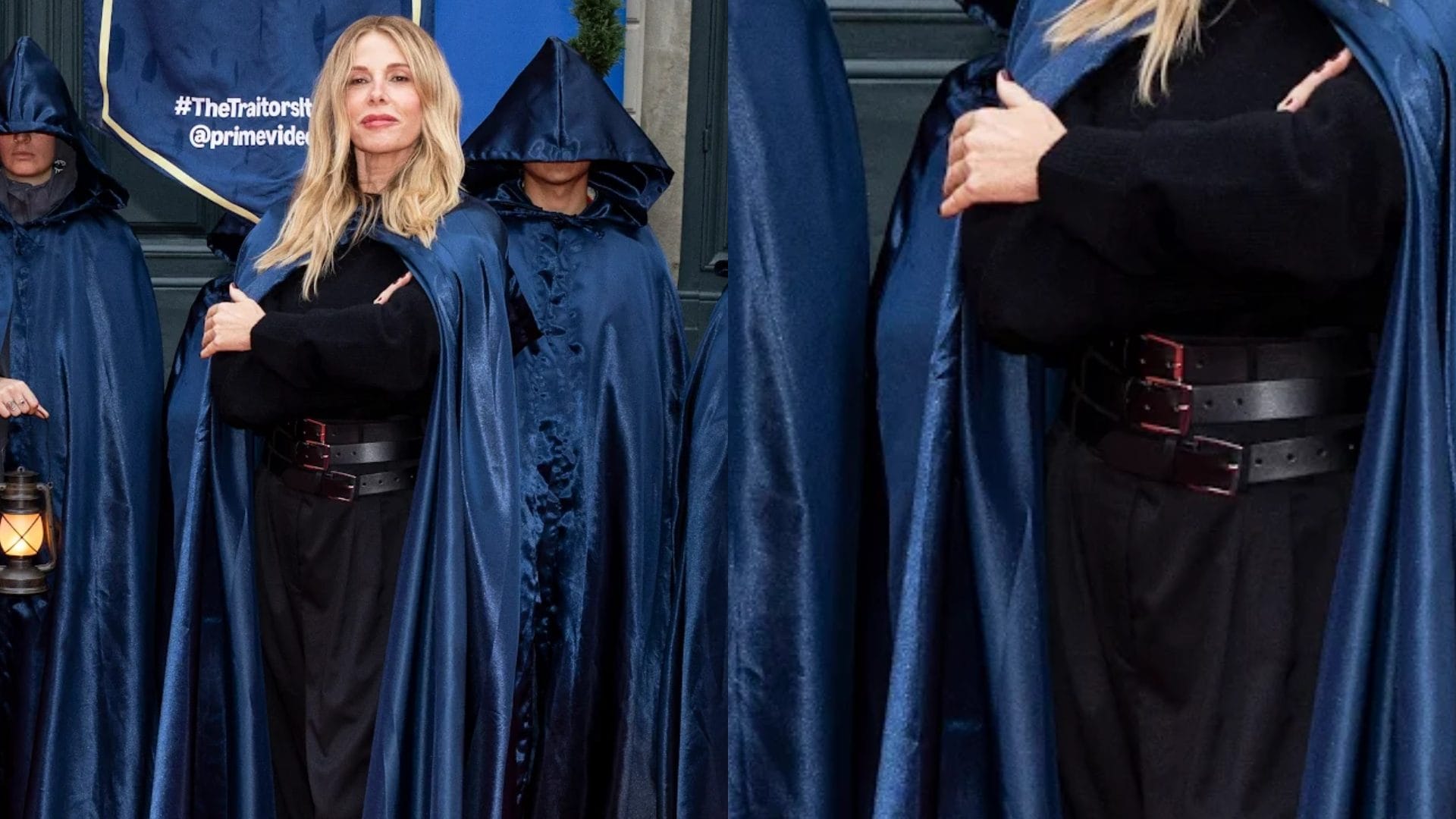 Alessia Marcuzzi indossa tre cinture insieme, il nuovo trend nel look per il lancio di The Traitors