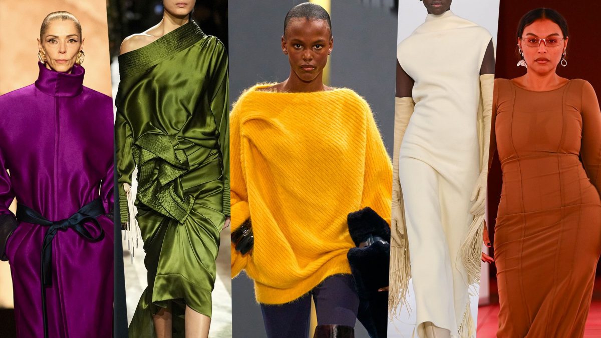 Da sinistra cappotto Saint Laurent, abito Dries Van Noten, Maxipull Balmain, abito Sportmax, tubino H&M Studio