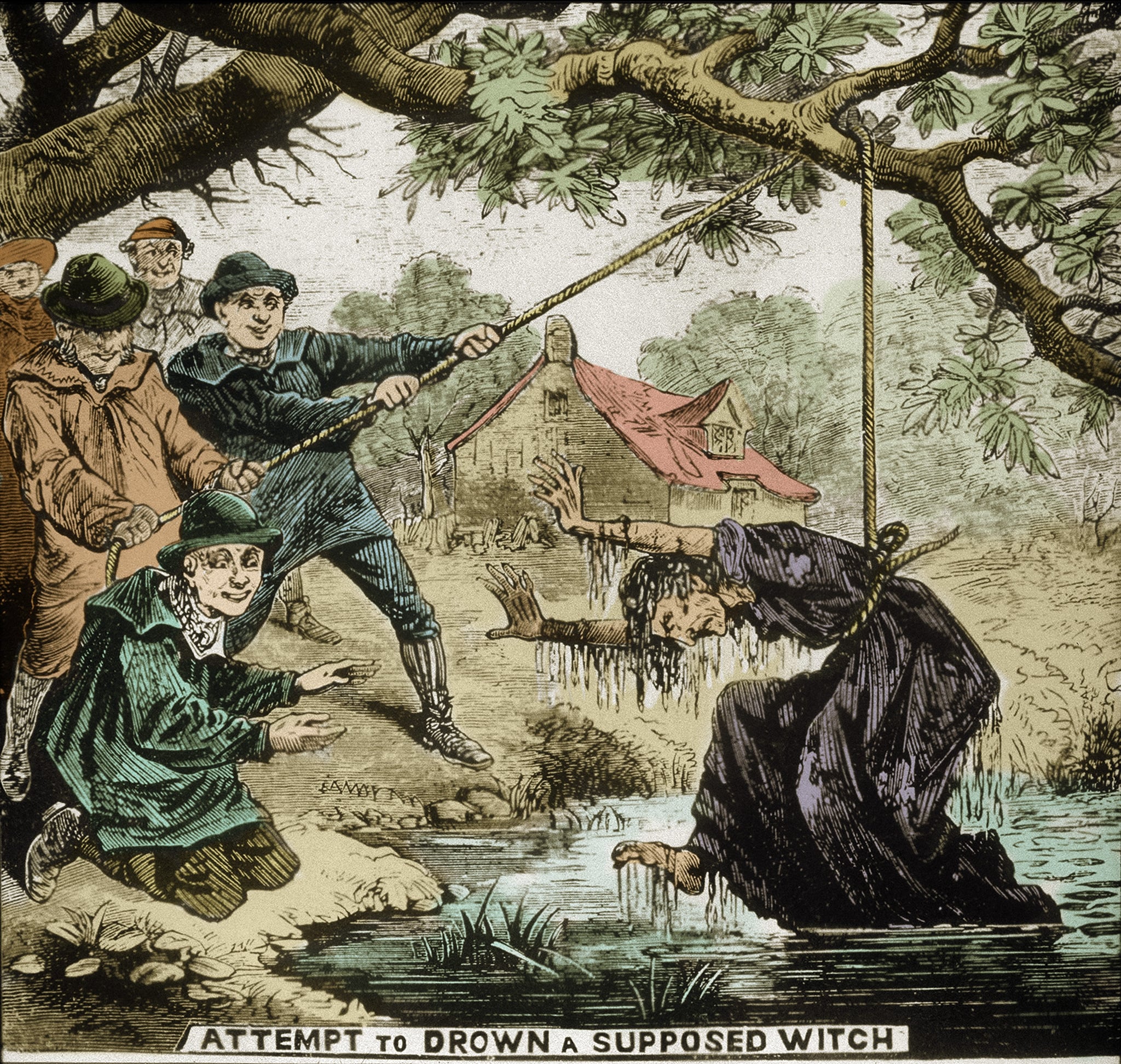 Dipinto che raffigura la caccia alle streghe nel Regno Unito, circa 1800