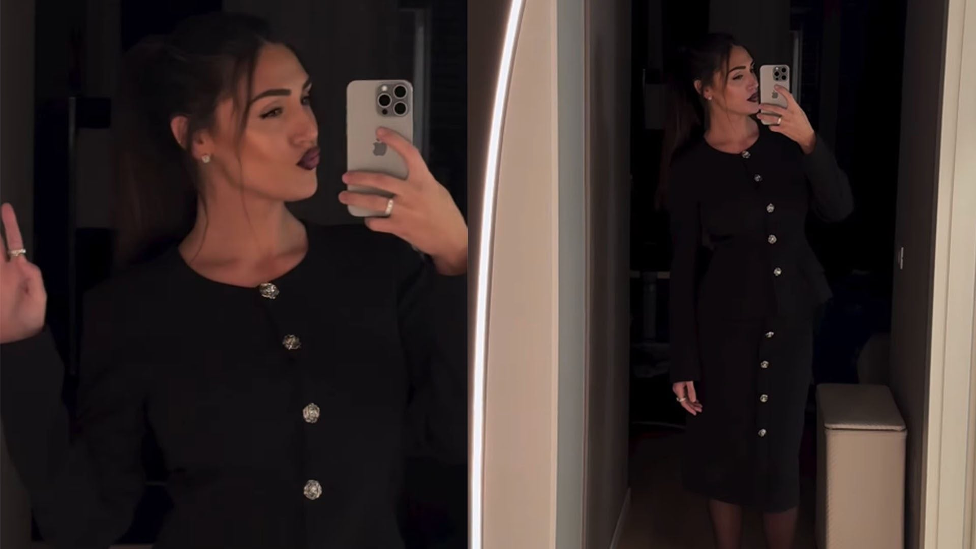 Cecilia Rodriguez in tailleur: total black al primo evento dopo la nascita di Clara Isabel