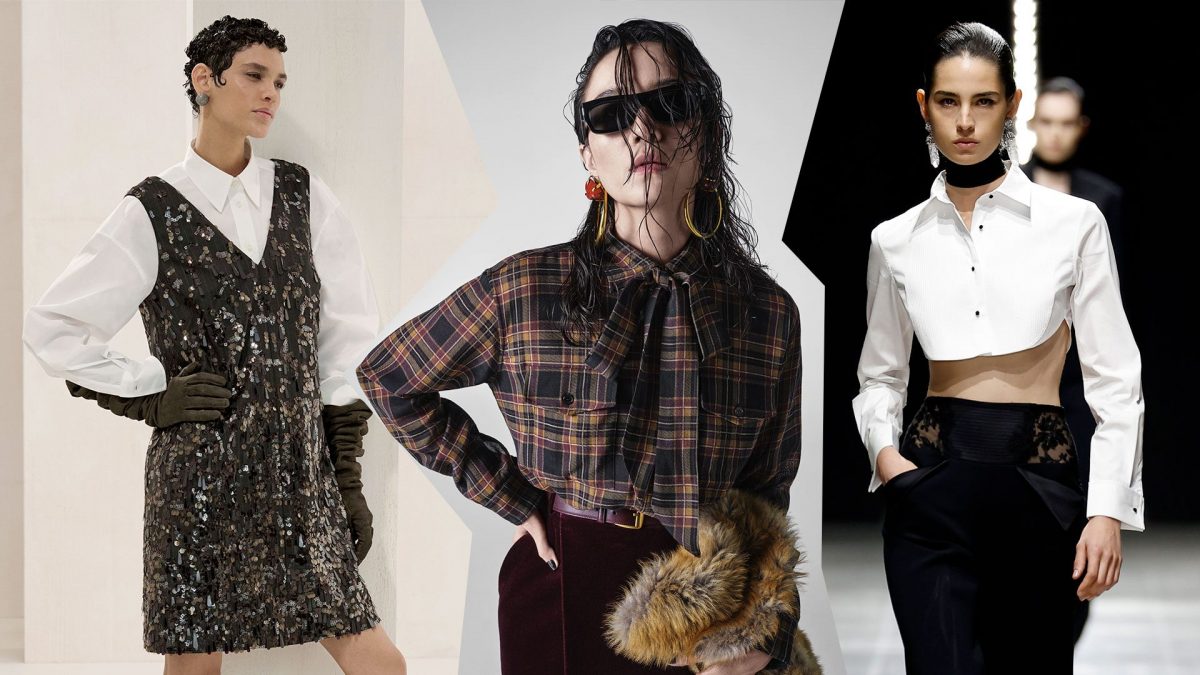 Da sinistra abito di paillettes Brunello Cucinelli, camicia in tartan Saint Laurent, camicia crop Ermanno Scervino