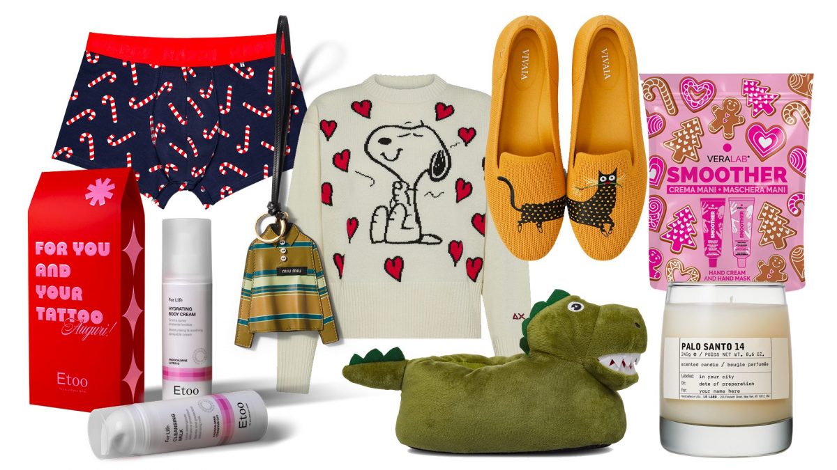 Boxer Happy Socks, kit skin Etoo, portachiavi Miu Miu, Pullover Sun68, slippers Vivaia, pantofole Pittarosso, kit mani Veralab, candela Le Labo