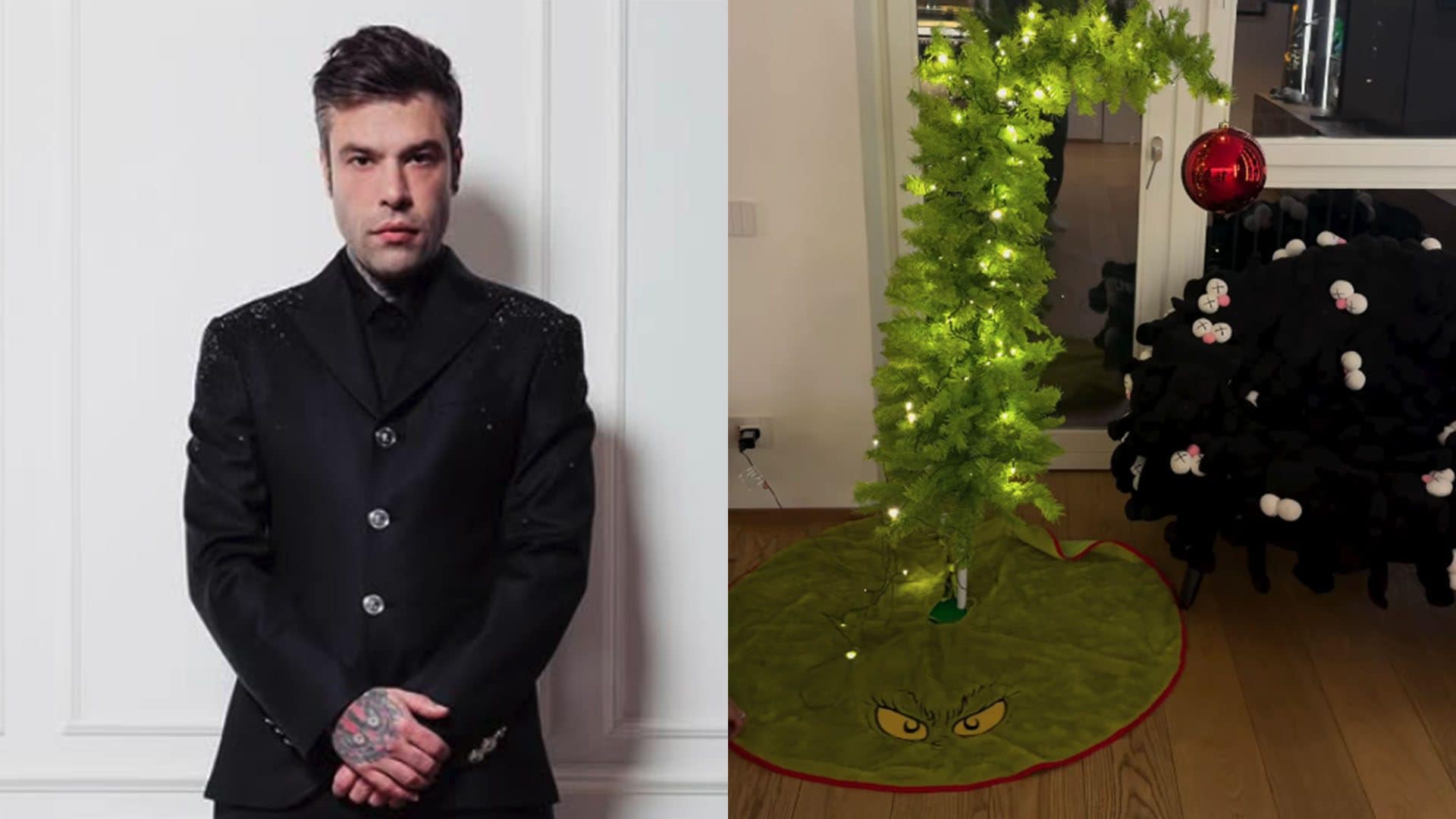 Fedez porta in casa l'atmosfera da Grinch: il significato dell'albero di Natale curvo