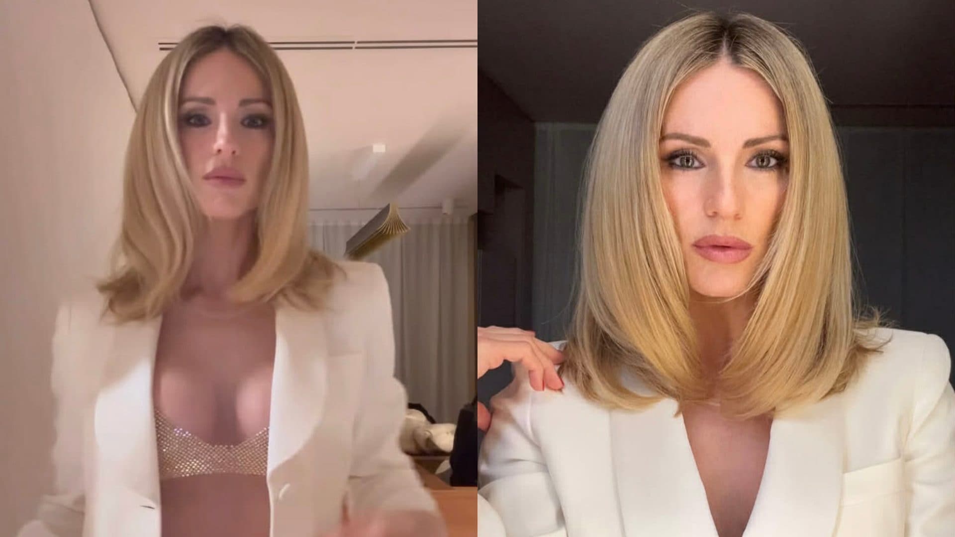 Michelle Hunziker in bianco alla festa di Natale: sotto la giacca nasconde il reggiseno scintillante