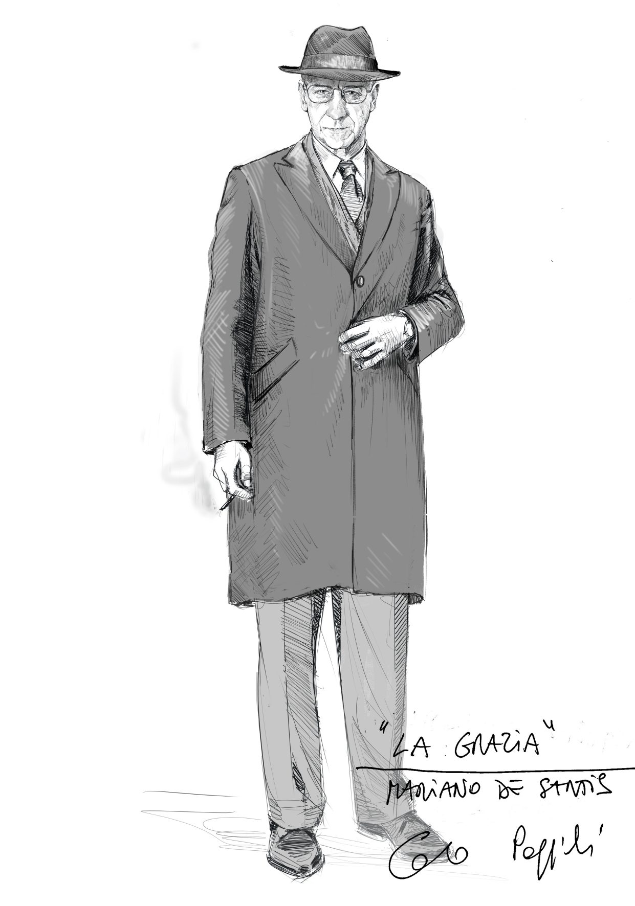 Il bozzetto per Mariano de Santis con cappotto e cappello realizzato da Carlo Poggioli