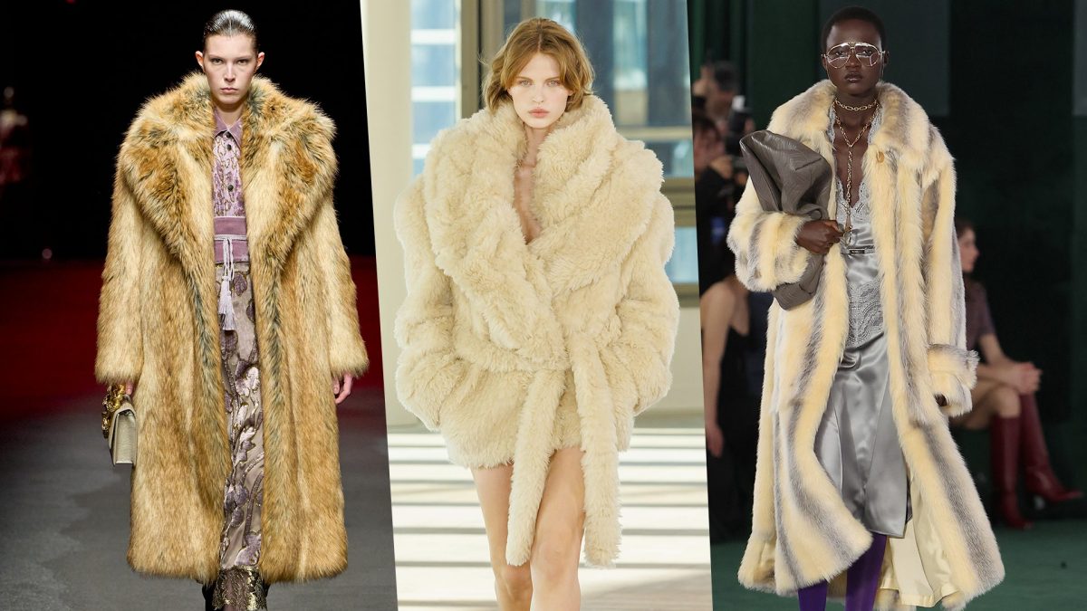 Da sinistra cappotti furry di Roberto Cavalli, Stella McCartney e Gucci