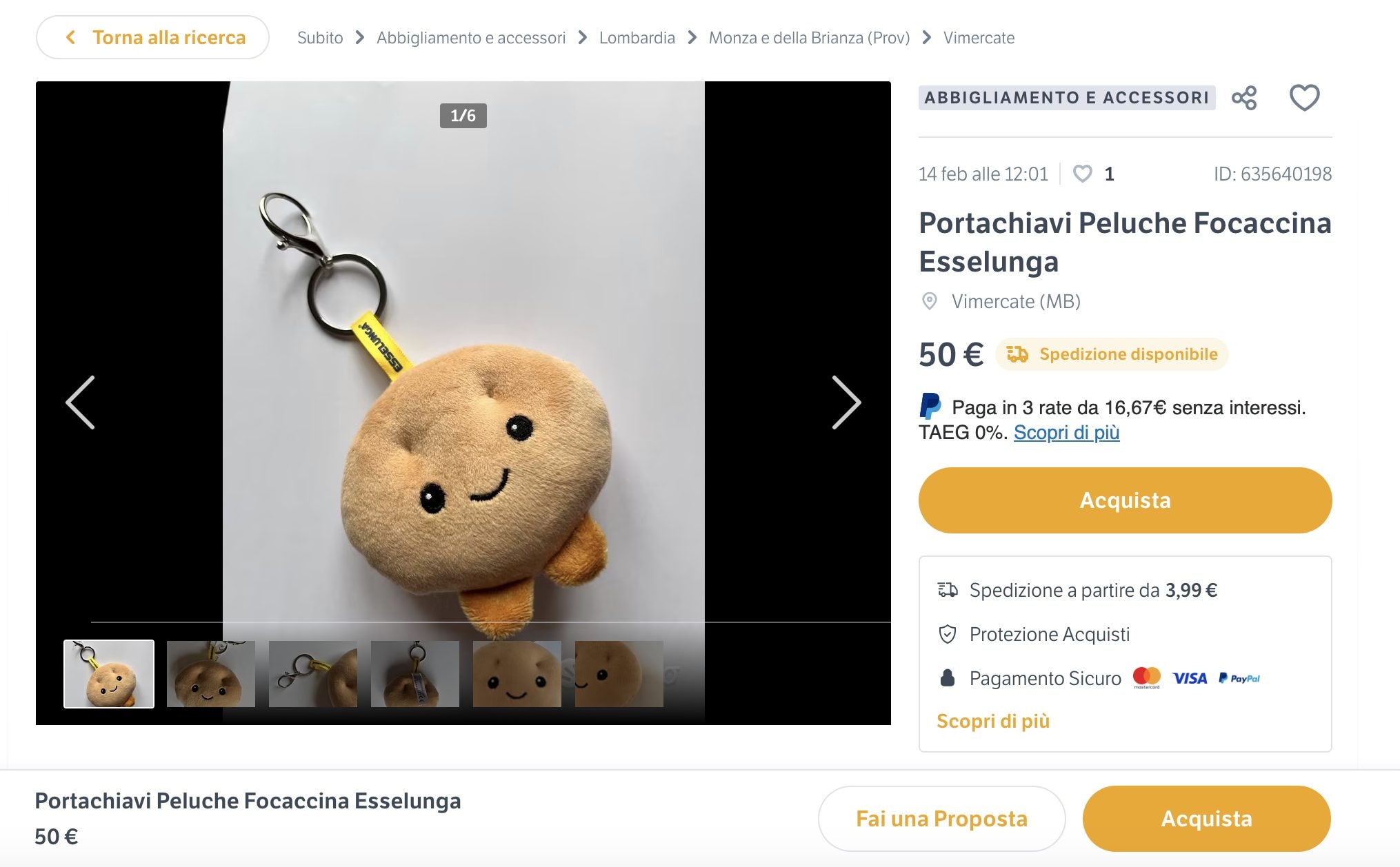 Un peluche focaccina Esselunga in vendita su Subito.it a 50 euro