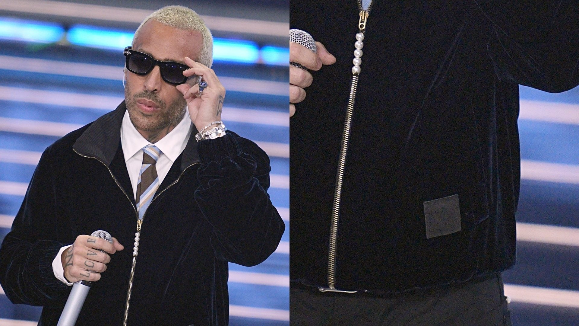 Luché e i loghi nascosti nel look della prima serata di Sanremo: scotch nero su bomber e occhiali