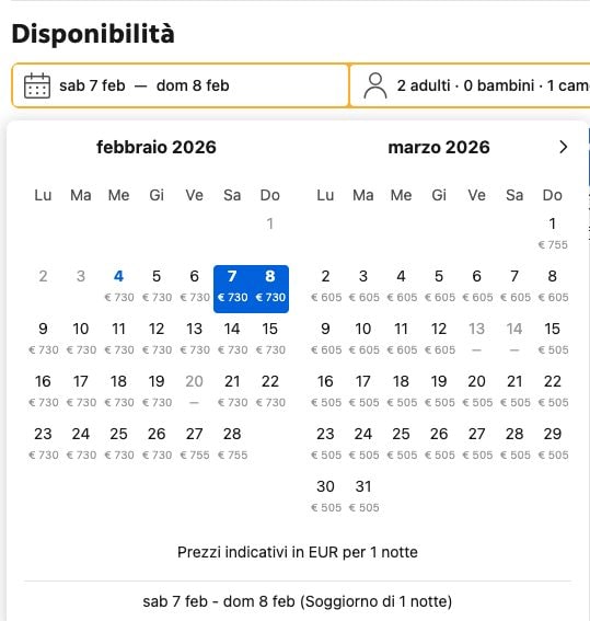 Un esempio della variazione prezzi tra febbraio e marzo in una struttura ricettiva di Cortina