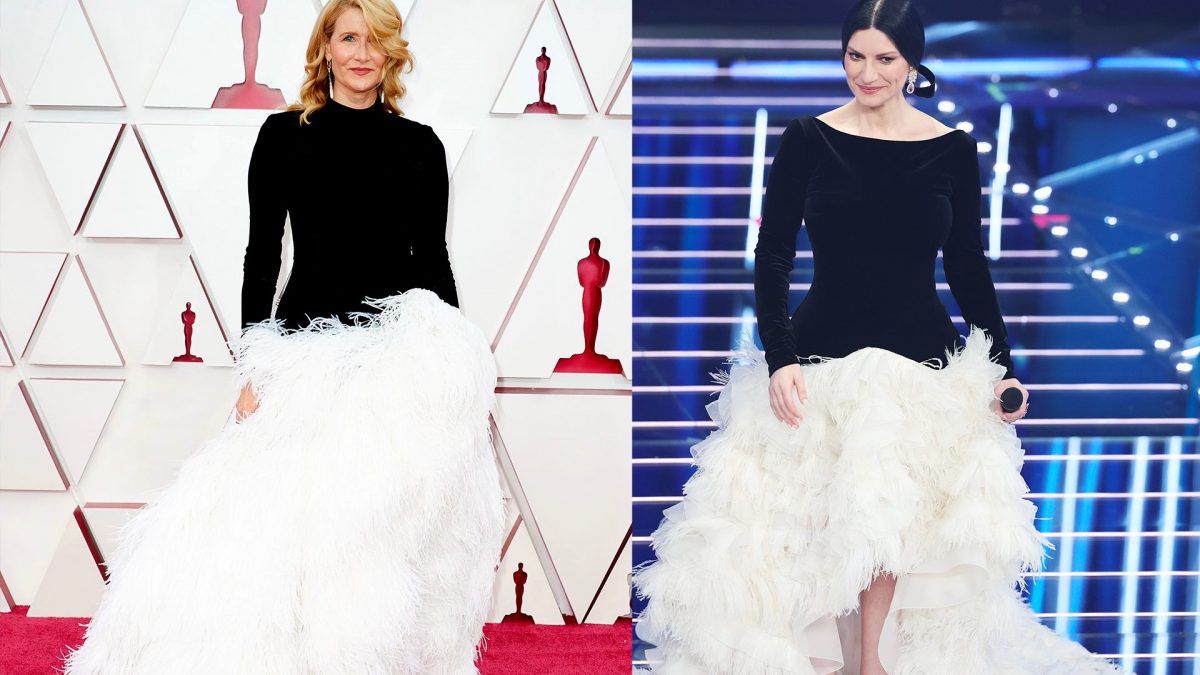 a sinistra Laura Dern sul red carpet degli Oscar 2021, a destra Laura Pausini nella terza serata di Sanremo 2026