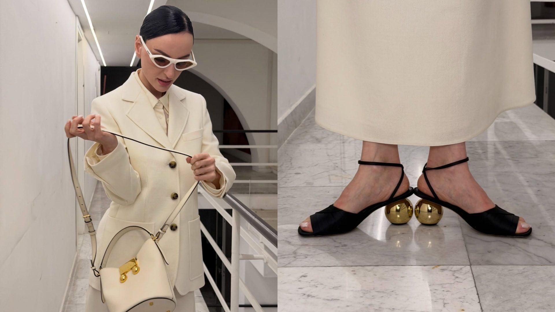 Arisa veste ancora di bianco dopo Sanremo: i suoi tacchi scultura sono delle sfere d'oro