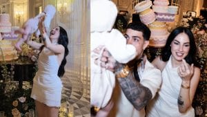 Giulia De Lellis in minigonna al battesimo della figlia Priscilla: il look total white