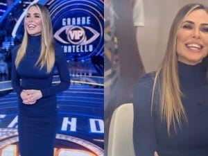 Il look blu notte di Ilary Blasi al GF Vip: tubino e tacchi a spillo metallici per la puntata 7