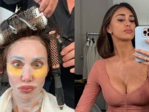 Belén Rodriguez si prepara alla semifinale di Amici con due maschere viso e 6 spazzole in testa