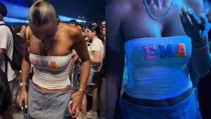Chiara Frattesi al primo concerto di Geolier indossa il top personalizzato col nome del fidanzato