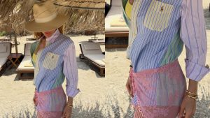 Il pareo nell'estate 2026 si indossa sopra la camicia, come fatto da Ilary Blasi in Grecia