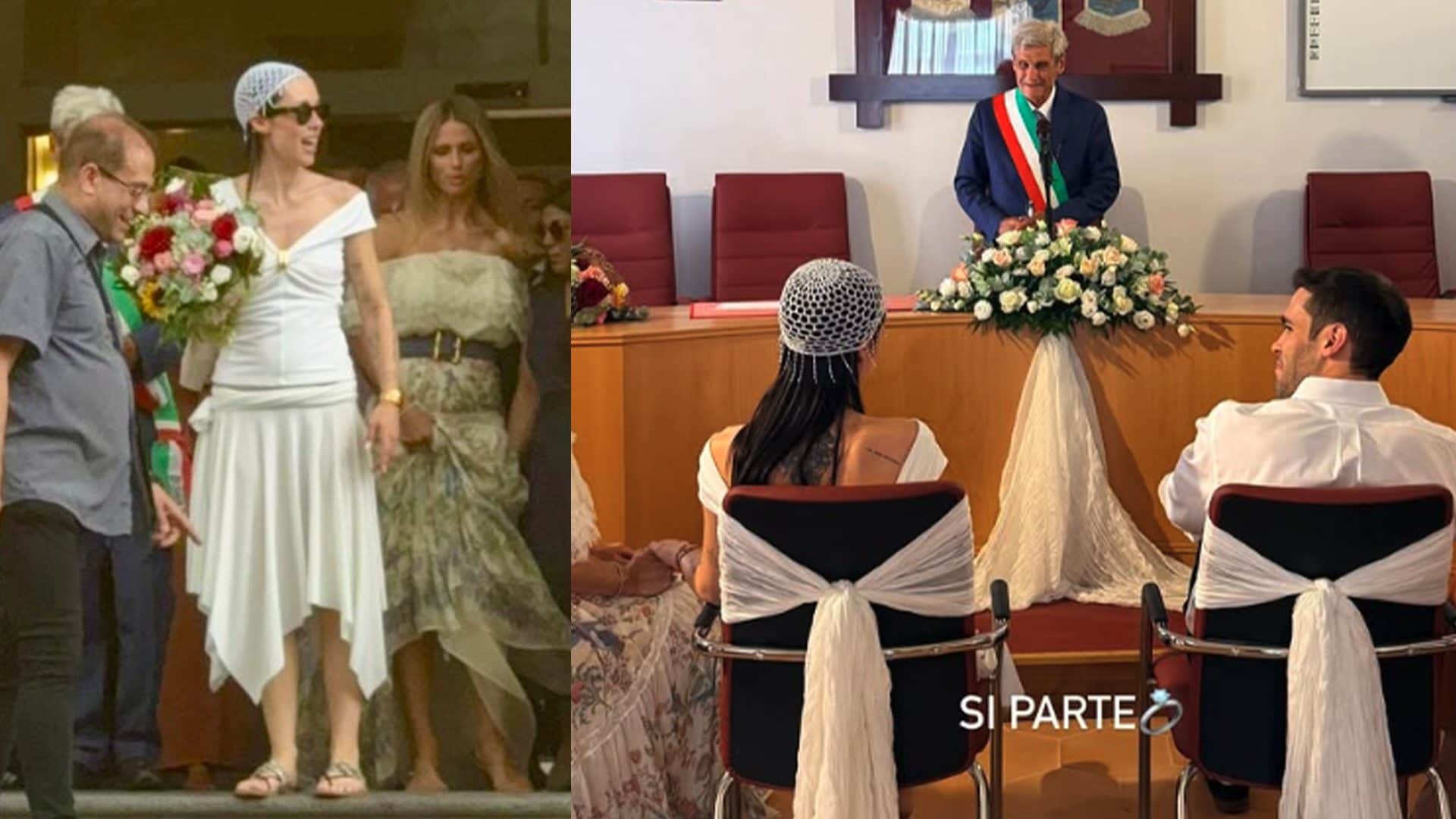 Aurora Ramazzotti sposa in infradito e copricapo a rete: il matrimonio civile con Goffredo Cerza
