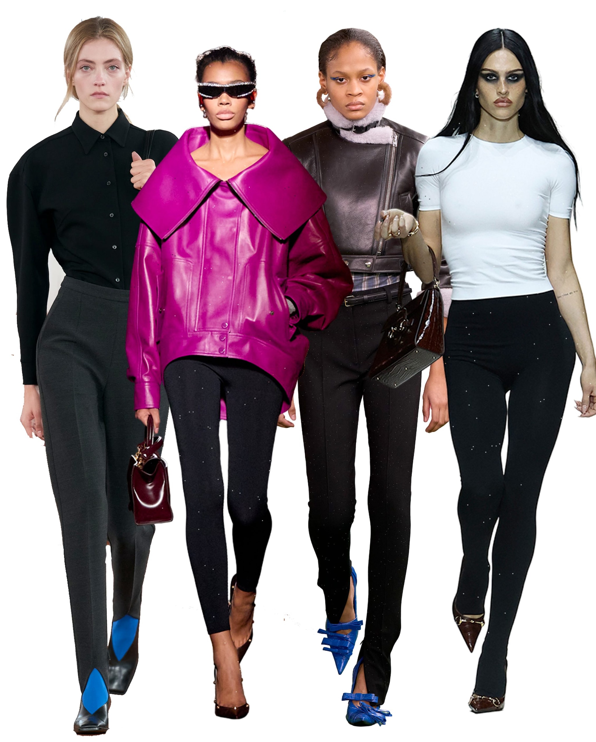 Da sinistra look Jil Sander, Balenciaga, Acne Studios, Gucci
